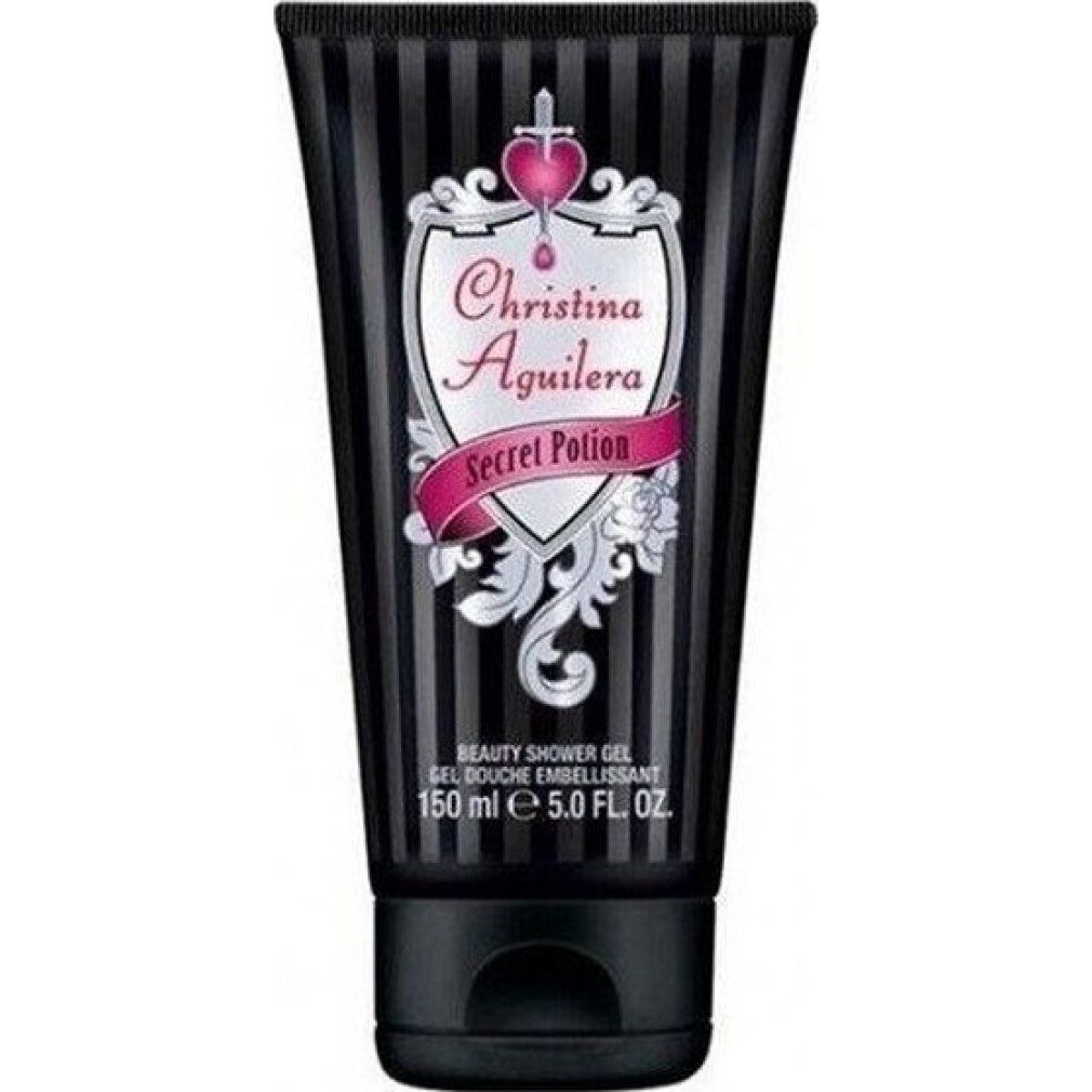 Tubo nero a righe verticali, bagnoschiuma Christina Aguilera Secret Potion, 150 ml.