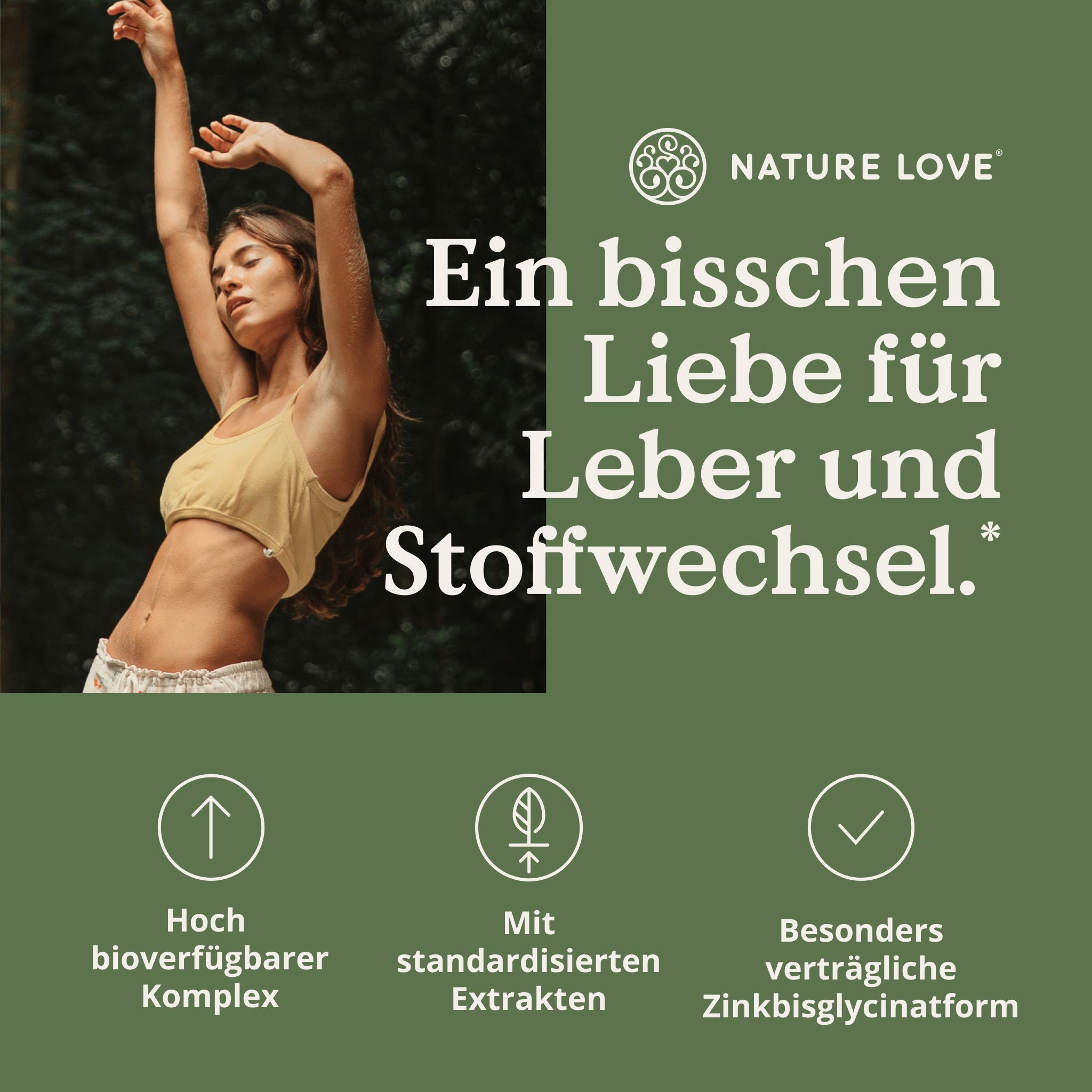 Giovane donna con le braccia alzate. Testo: Un po' d'amore per il fegato e il metabolismo. Complesso altamente biodisponibile.