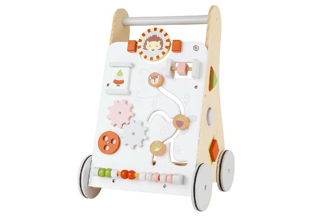 Carrello primi passi in legno con giocattoli. Elementi colorati, facce di animali e ruote.