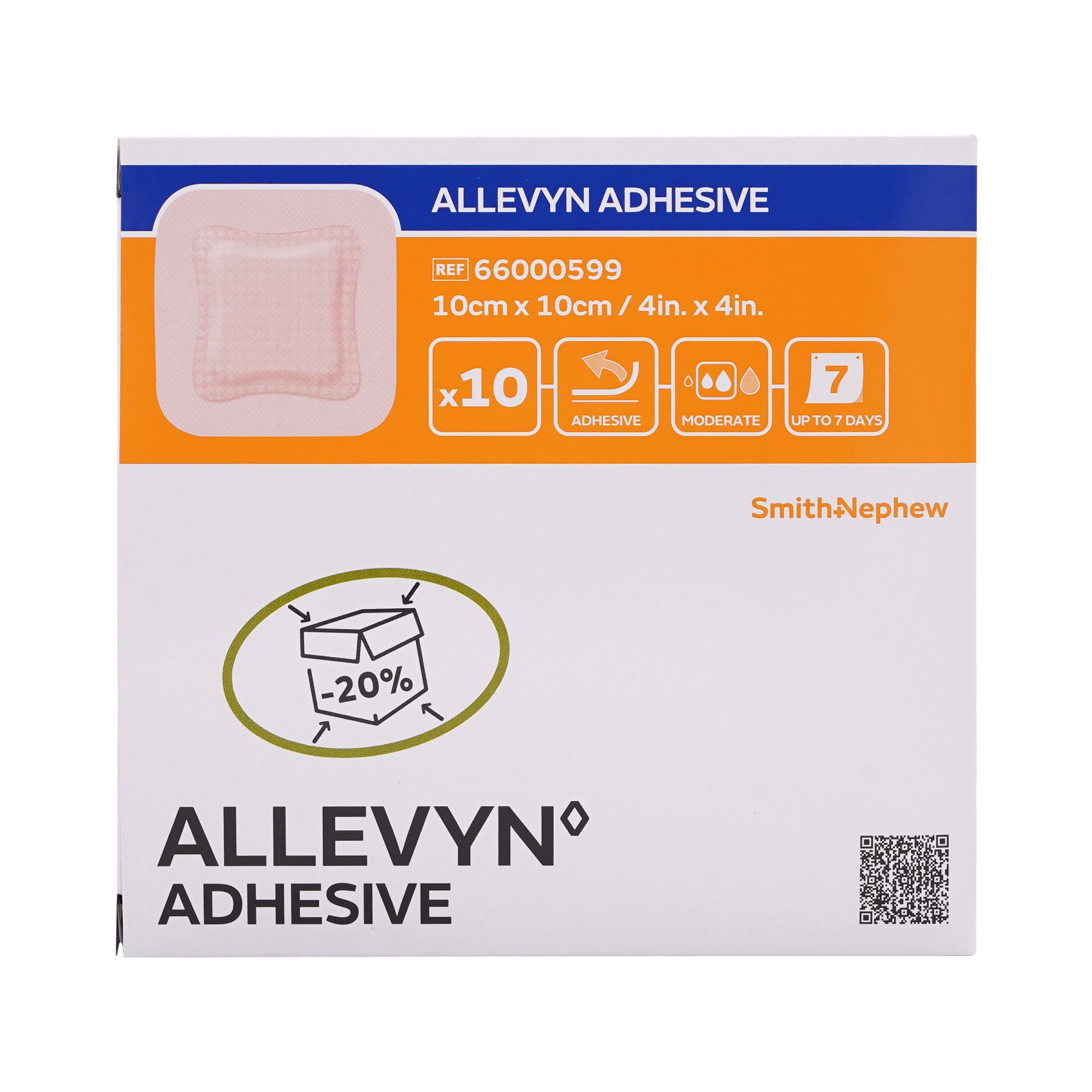 Confezione di medicazioni adesive ALLEVYN. Dieci pezzi, 10x10cm. Area arancione con informazioni sul prodotto. Logo Smith+Nephew.