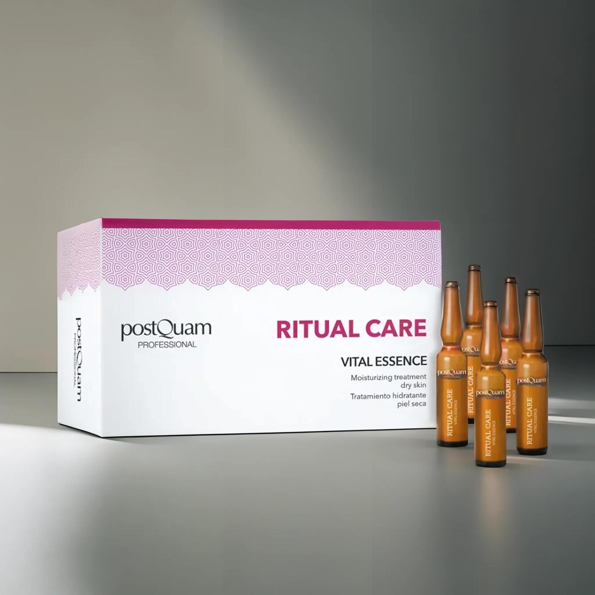 PostQuam Vital Essence. Scatola con fiale. Scritta: Ritual Care, Vital Essence, Moisturizing treatment dry skin.