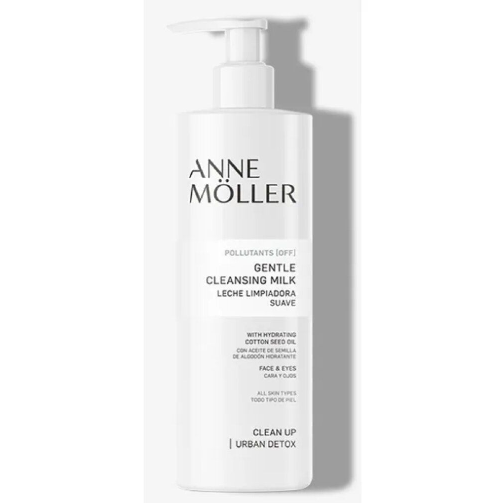 Flacone bianco con dosatore. Scritta: ANNE MÖLLER, Gentle Cleansing Milk. Testo in inglese e spagnolo. Per tutti i tipi di pelle.