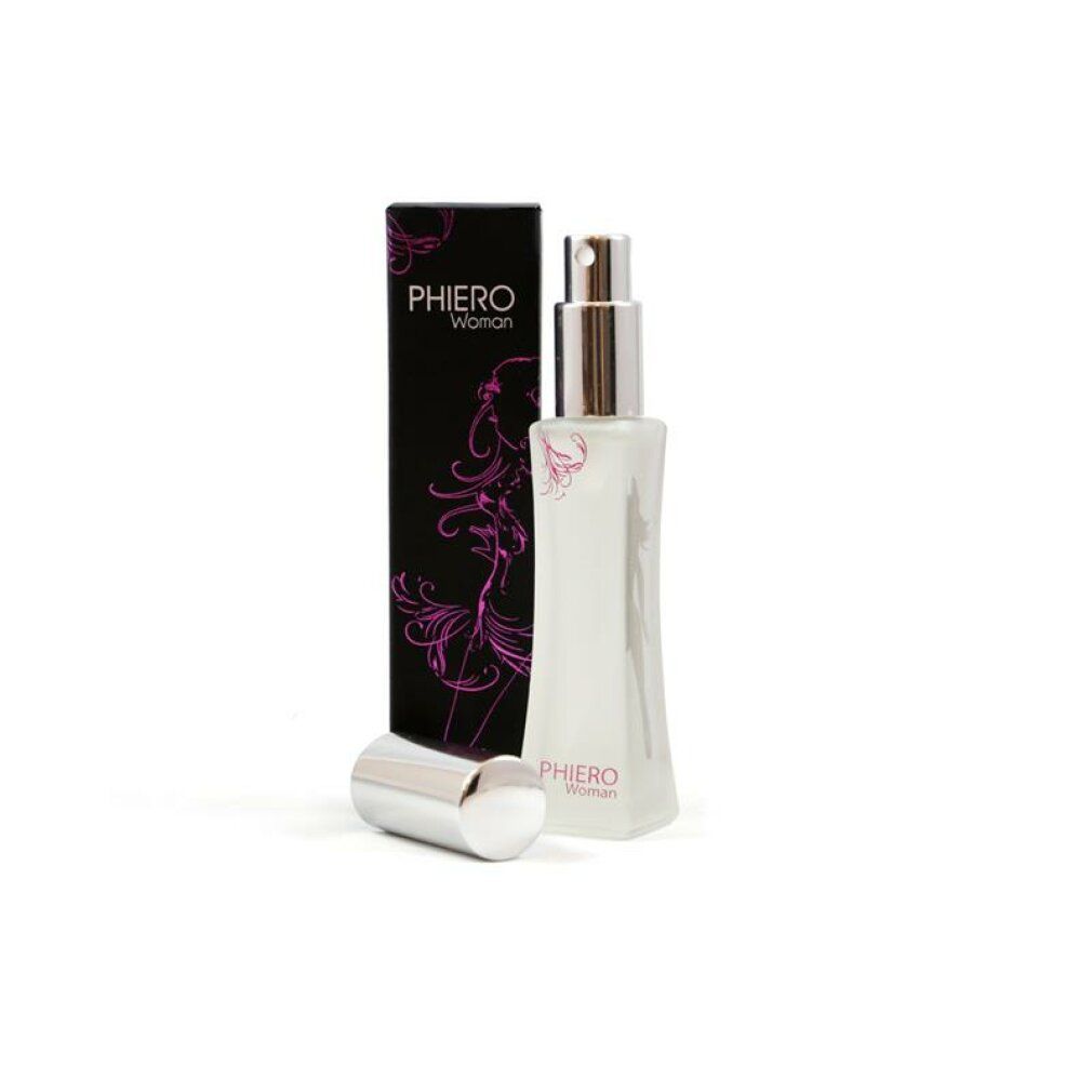 Flacone di profumo Phiero Woman con spruzzatore argentato e tappo argentato accanto. Scatola nera con illustrazione di donna.