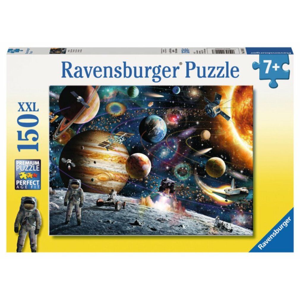 Puzzle Ravensburger, 150 pezzi. XXL. Scena spaziale con pianeti, astronauti e navicelle. Confezione con logo e raccomandazione di età.