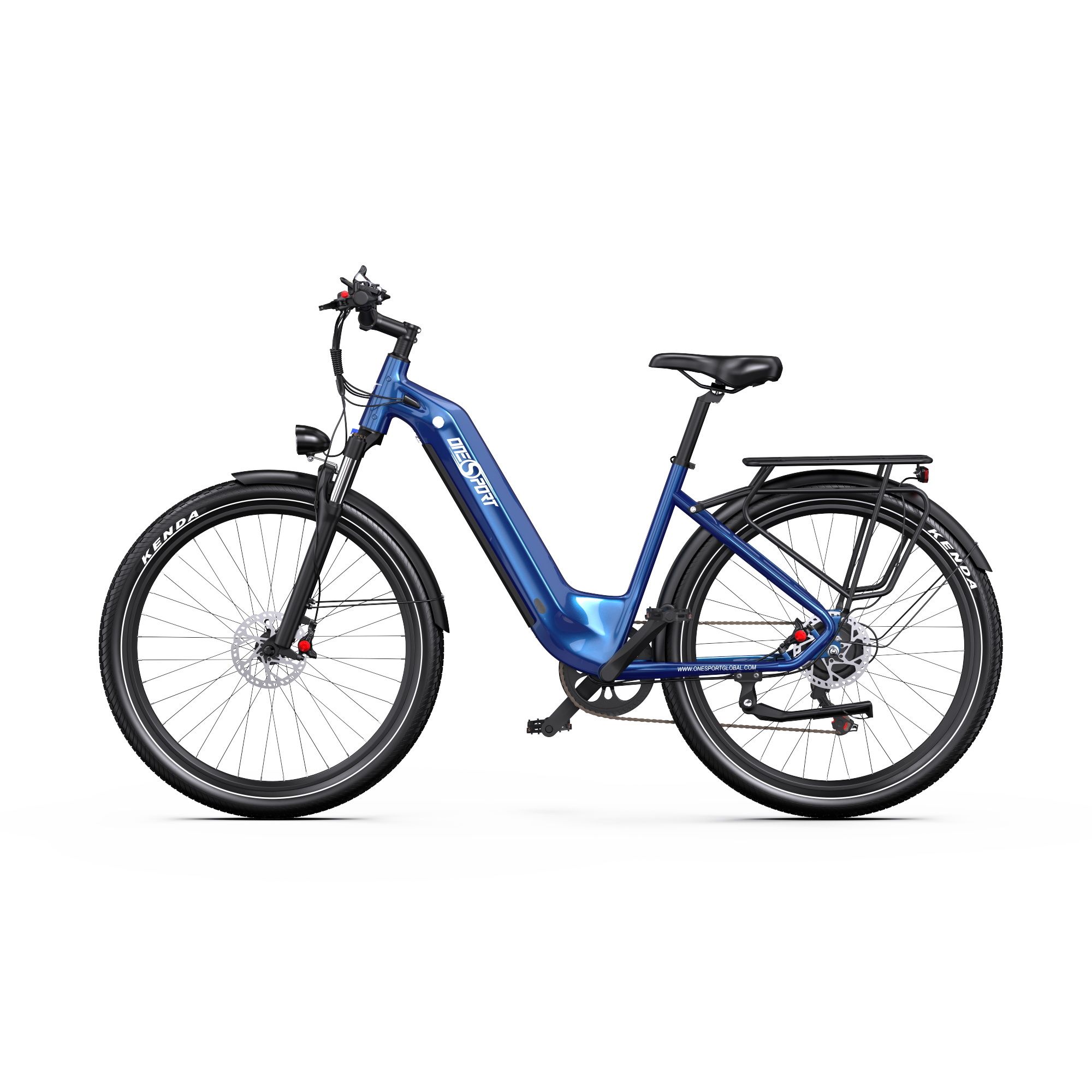 E-bike blu, vista laterale, con pneumatici Kenda, portapacchi e display sul manubrio.