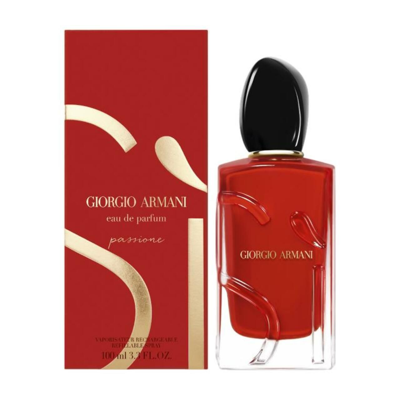 Scatola rossa con flacone. Giorgio Armani Eau de Parfum Passione. Tappo nero. 100 ml. Scritta dorata.