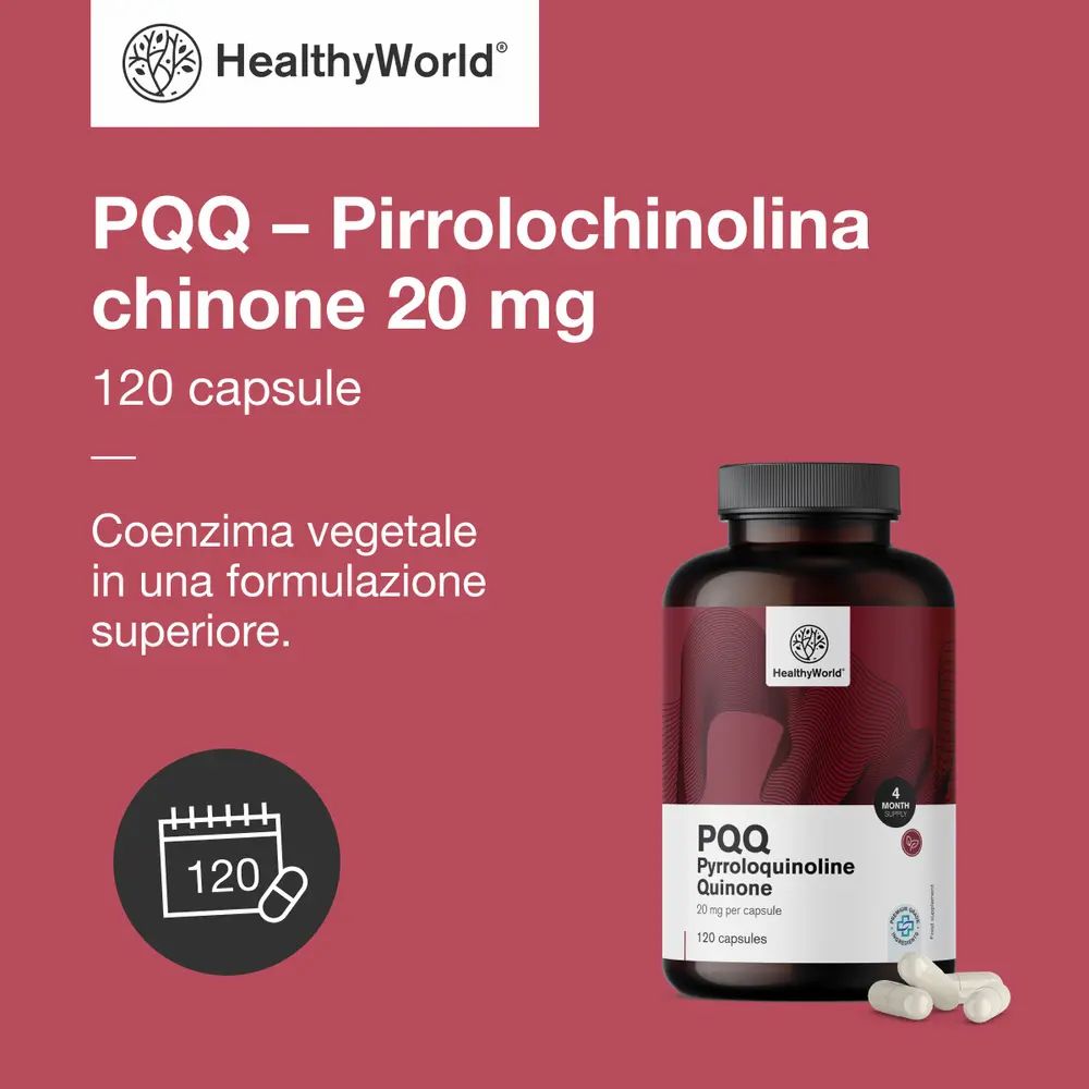 Flacone di PQQ Pirrolokinolina Chinone, 120 capsule, formulazione superiore.