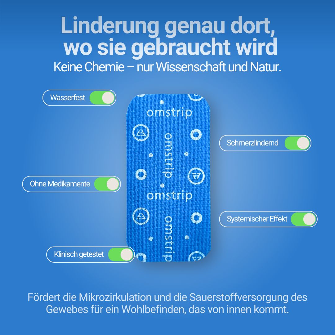 Cerotto blu con testo: omstrip. Testo: Resistente all'acqua, senza farmaci, clinicamente testato, antidolorifico, effetto sistemico.