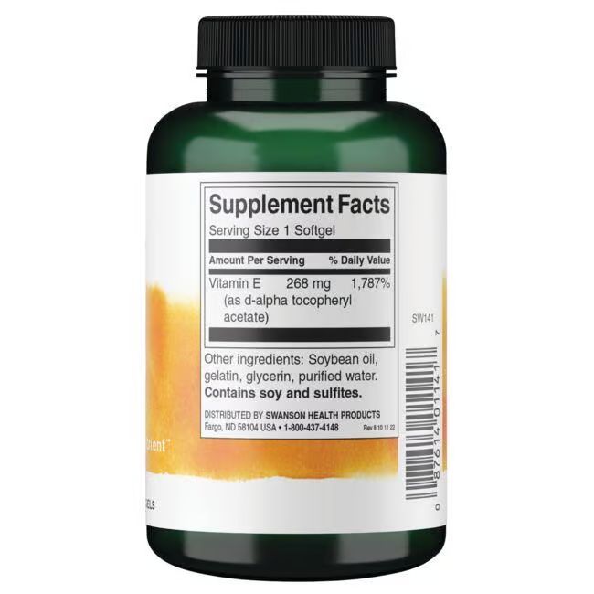 Retro del flacone verde. Etichetta con "Supplement Facts" e informazioni sulla vitamina E.