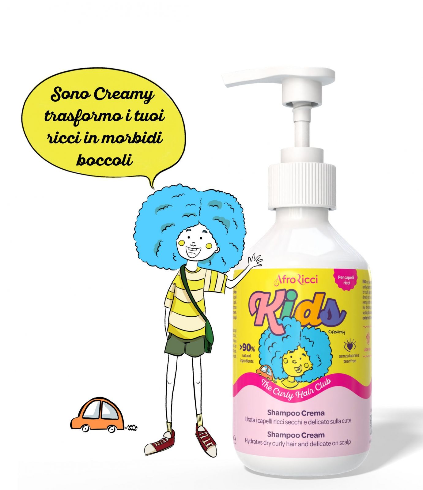 Flacone bianco AfroRicci Kids Shampoo Crema con dosatore. Etichetta gialla con bambino dei cartoni animati e testo. « The Curly Hair Club ».