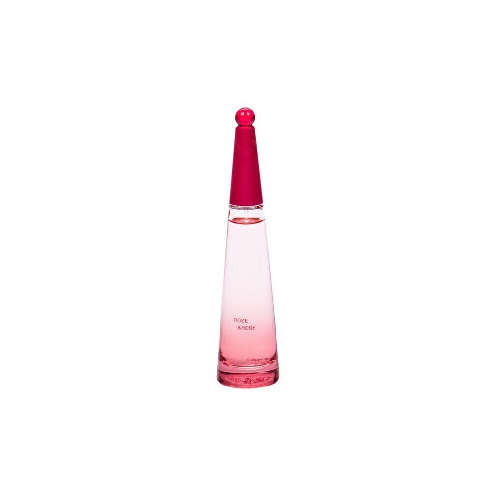 Flacone rosa con tappo rosa. Scritta: Rose & Rose, L'Eau d'Issey.