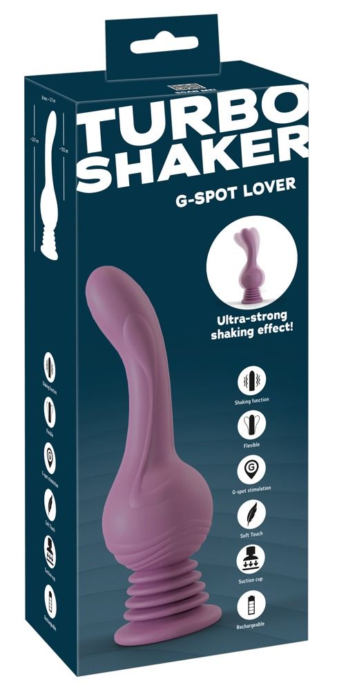 Confezione con immagine del prodotto. Scritta: TURBO SHAKER G-SPOT LOVER. Prodotto lilla, superficie ondulata e base scanalata.