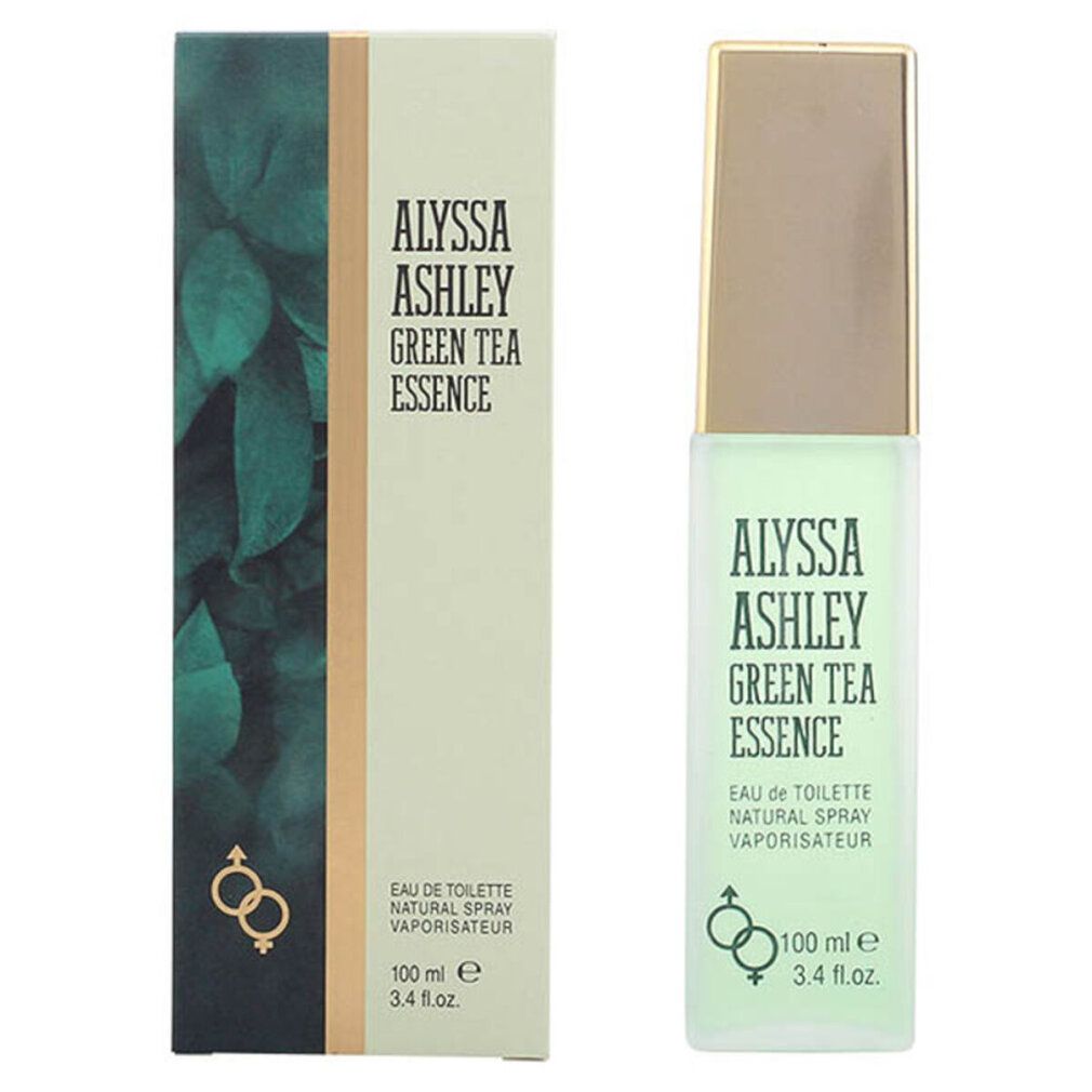 Alyssa Ashley Green Tea Essence Eau de Toilette Spray. Flacone e confezione. Liquido verdognolo, tappo dorato, foglie verdi.