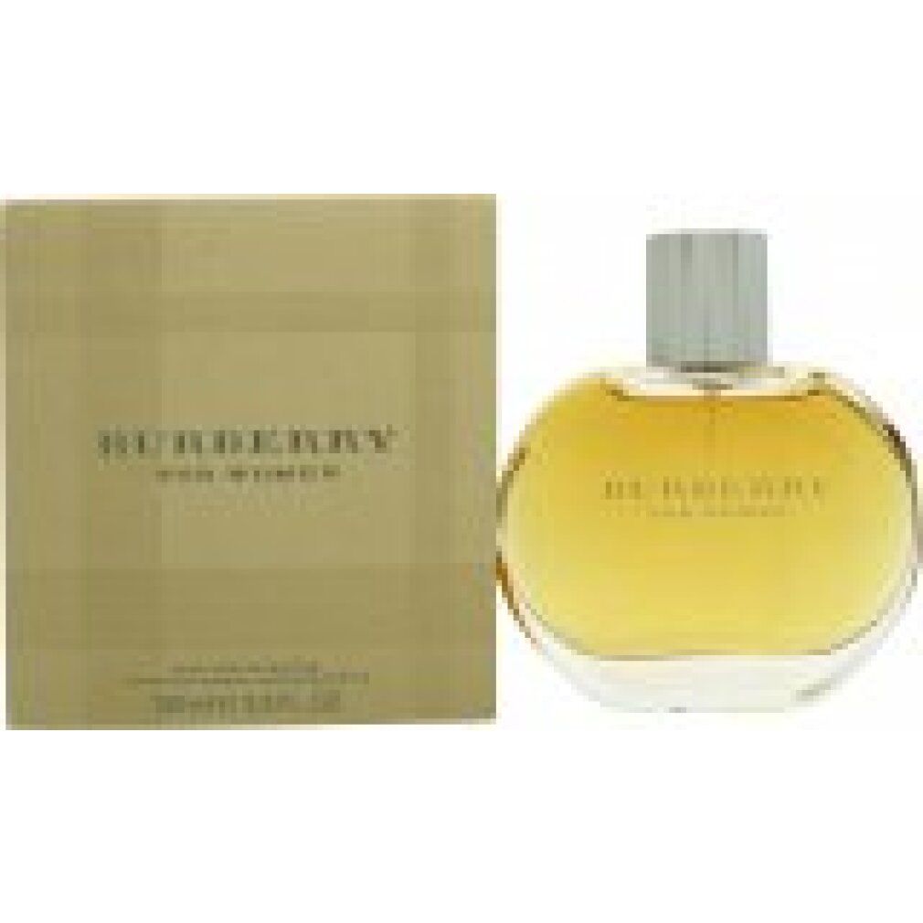 Flacone rotondo con tappo argentato e scatola. Scritta: Burberry for Women. Liquido giallo visibile.
