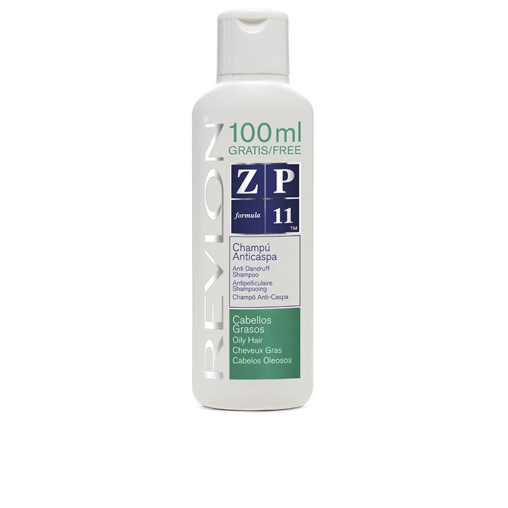 Flacone di shampoo bianco con etichetta verde e bianca. Testo: Revlon, ZP 11, Champú Anticaspa, Cabellos Grasos. Gratis/Free.