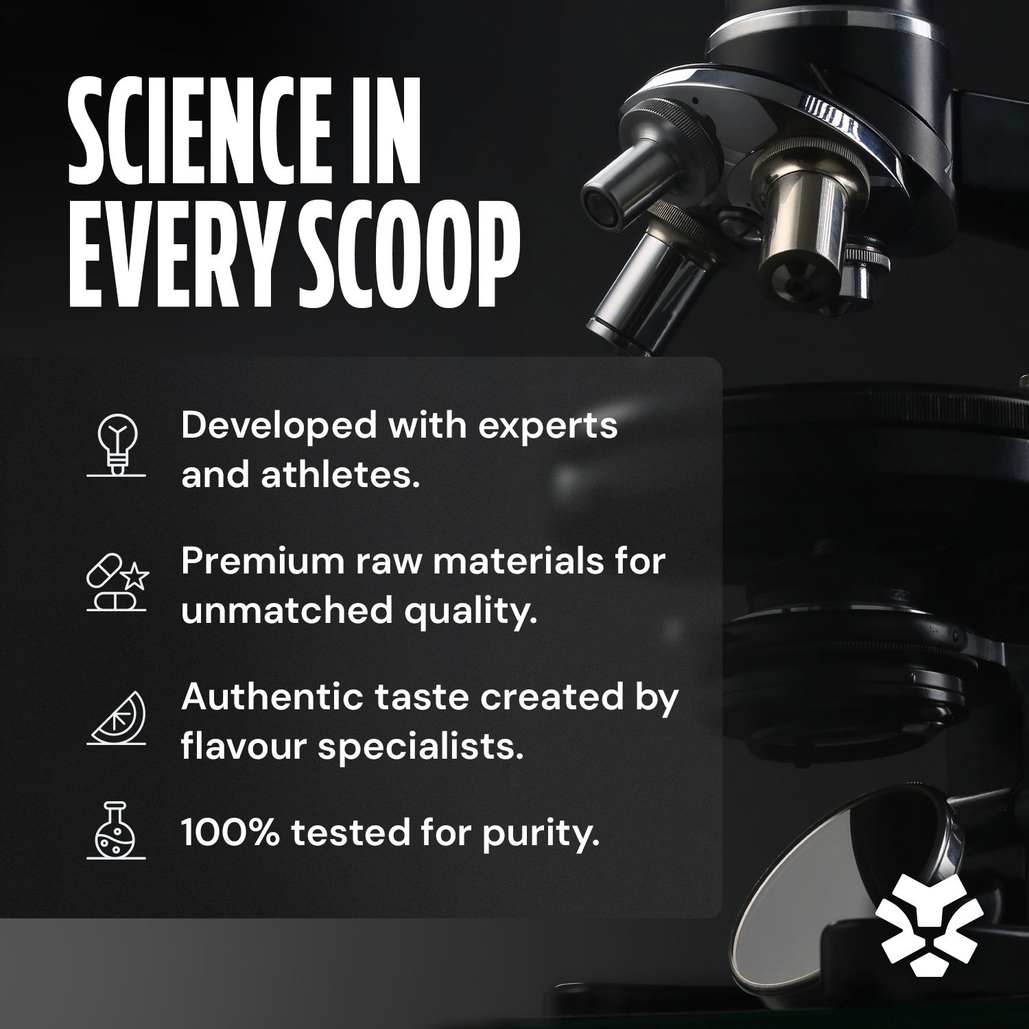Microscopio e testo sullo sviluppo di PolleoSport 1st Whey con esperti e atleti.
