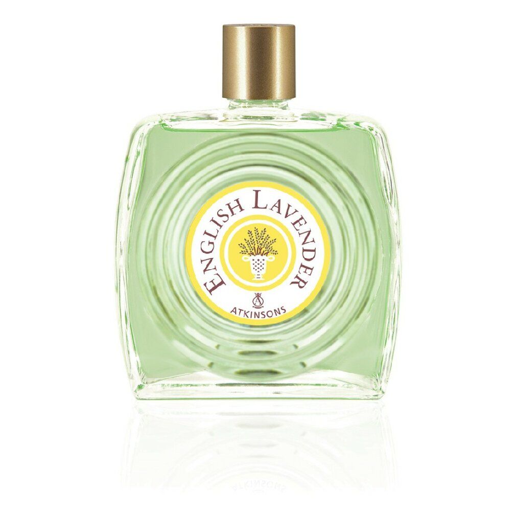 Atkinsons English Lavender Eau de Toilette. Flacone quadrato, verde chiaro. Etichetta gialla con testo e logo. Tappo dorato.