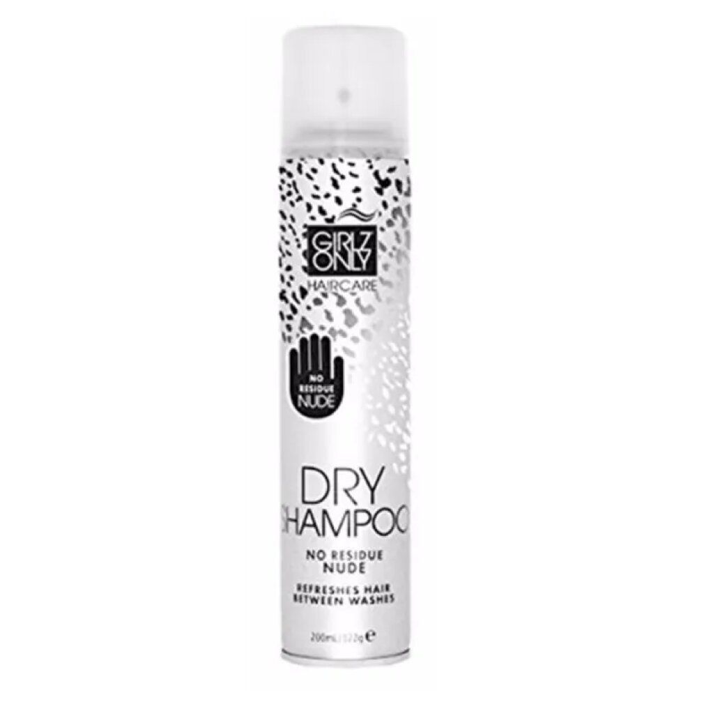 Flacone spray di shampoo secco Girlz Only. Testo: Dry Shampoo, No Residue Nude. Rinfresca i capelli tra i lavaggi. Con erogatore.