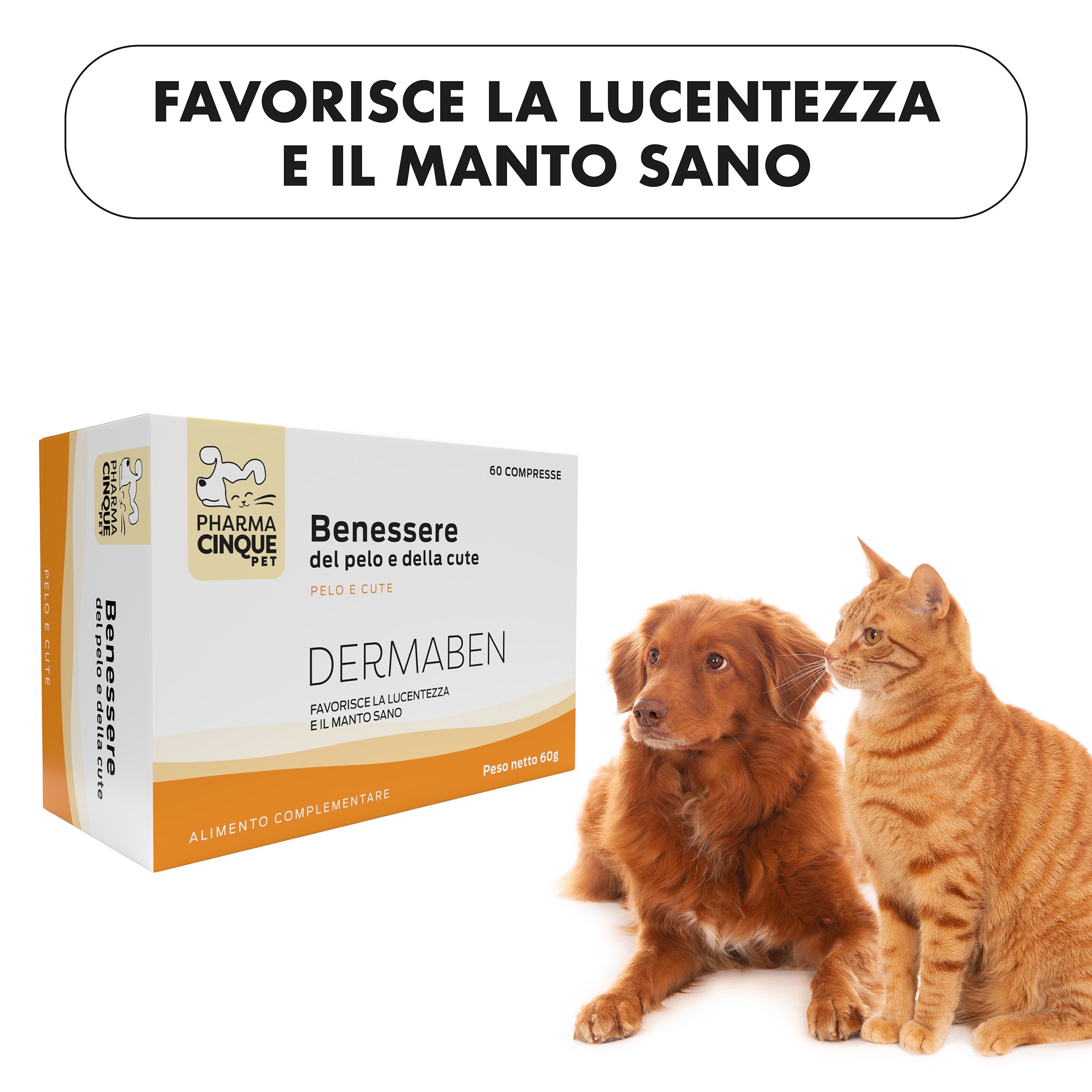 Confezione DERMABEN con testo. Cane e gatto vicini. Favorisce la lucentezza e il manto sano.