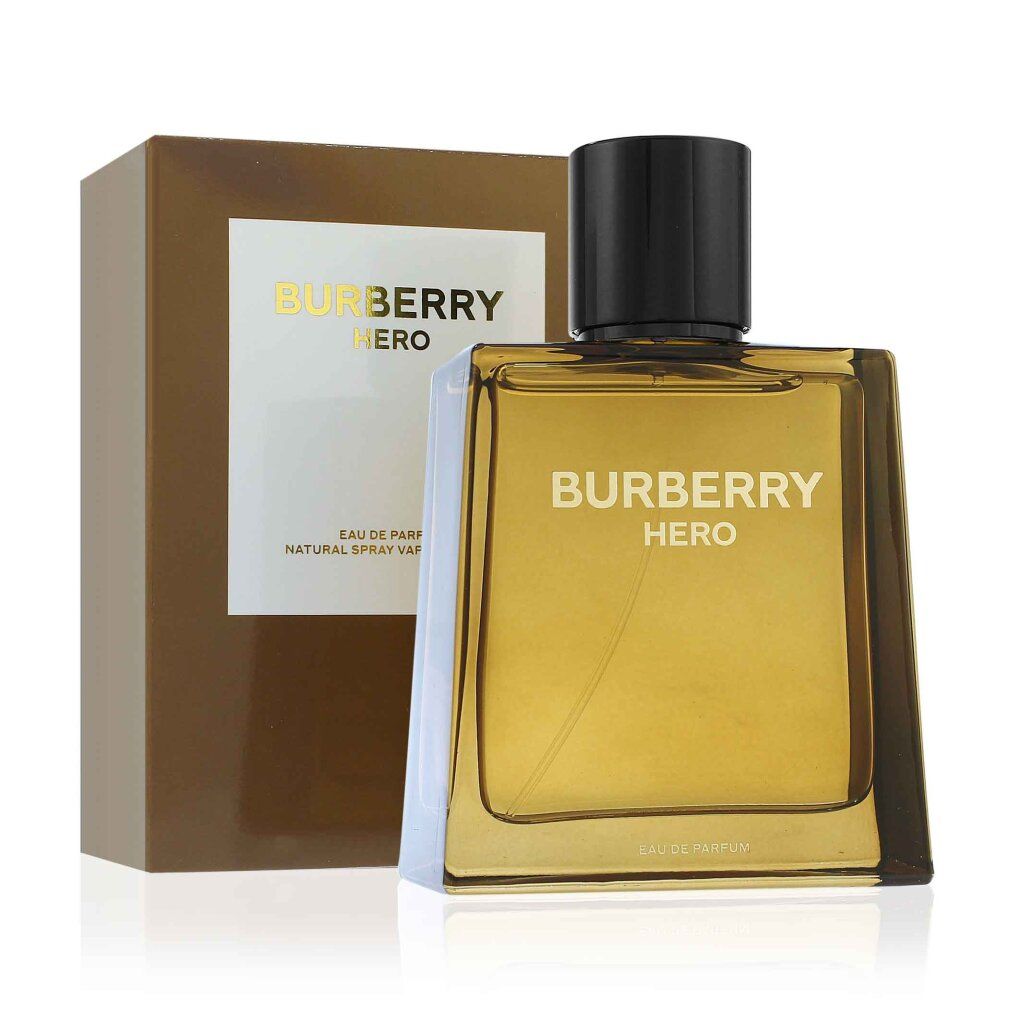Burberry Hero E.d.P. Nat. Spray. Flacone e confezione. Flacone marrone, confezione marrone. Scritta dorata.
