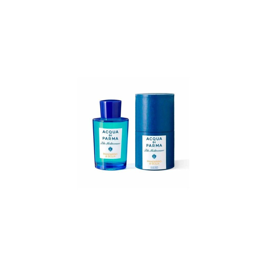 Flacone blu-verde e confezione cilindrica. Scritta: ACQUA DI PARMA Blu Mediterraneo, Mandarino di Sicilia.