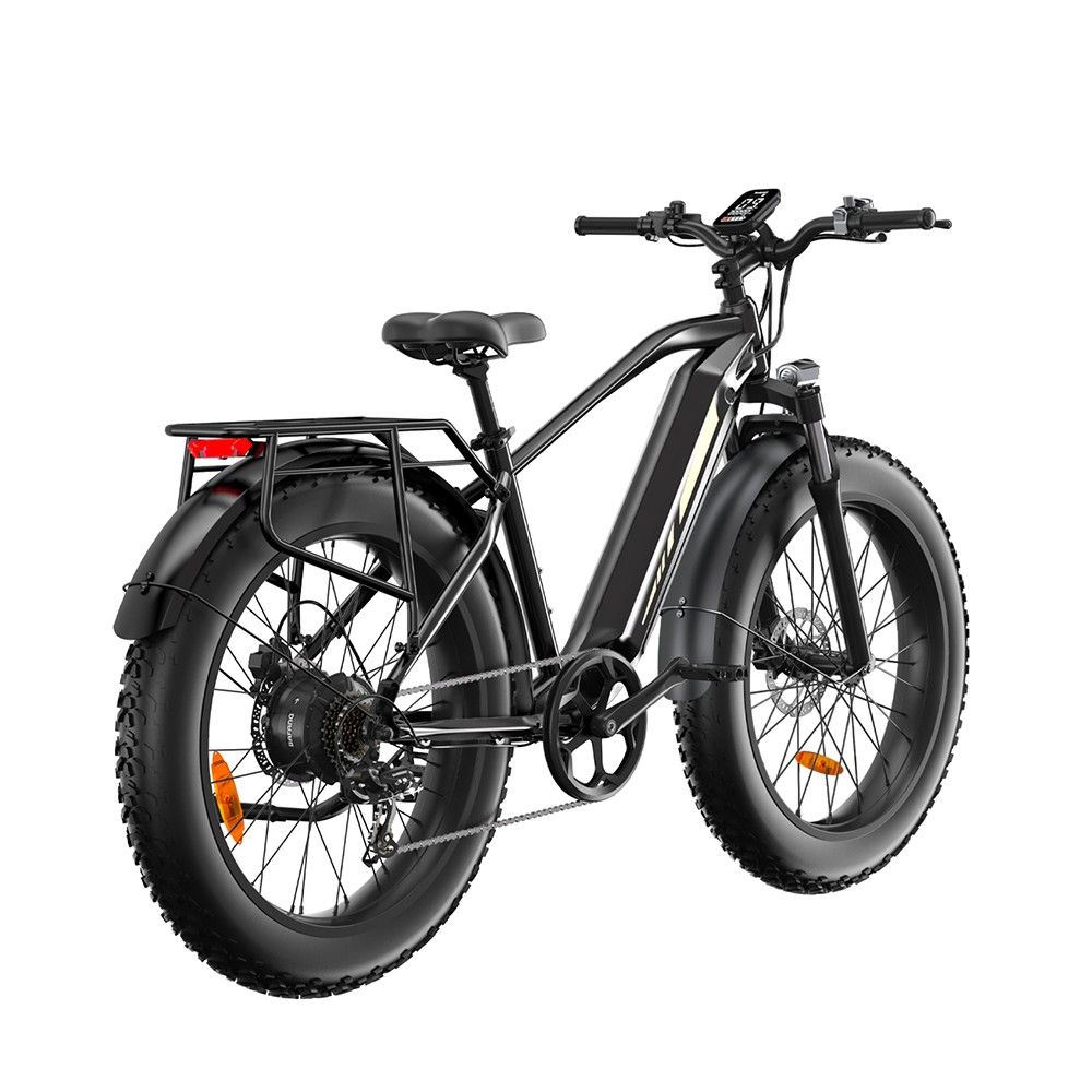 Mountain bike elettrica nera con pneumatici larghi, portapacchi e parafanghi. Vista posteriore, dettagli dei componenti.