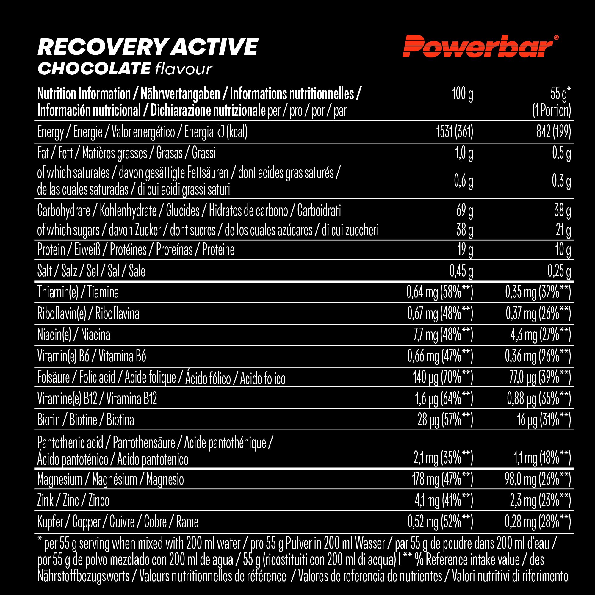 Informazioni nutrizionali per PowerBar Recovery Active Bevanda rigenerante, gusto cioccolato.