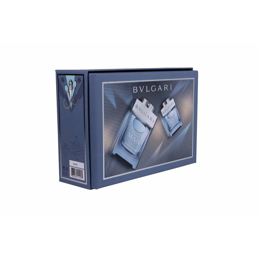 Confezione regalo blu con due flaconi. Scritta "BVLGARI MAN" sulla confezione.