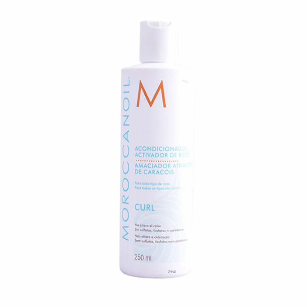 Flacone bianco con etichetta blu. Testo: Moroccanoil, Acondicionador Activador de Rizos, Curl. 250 ml.