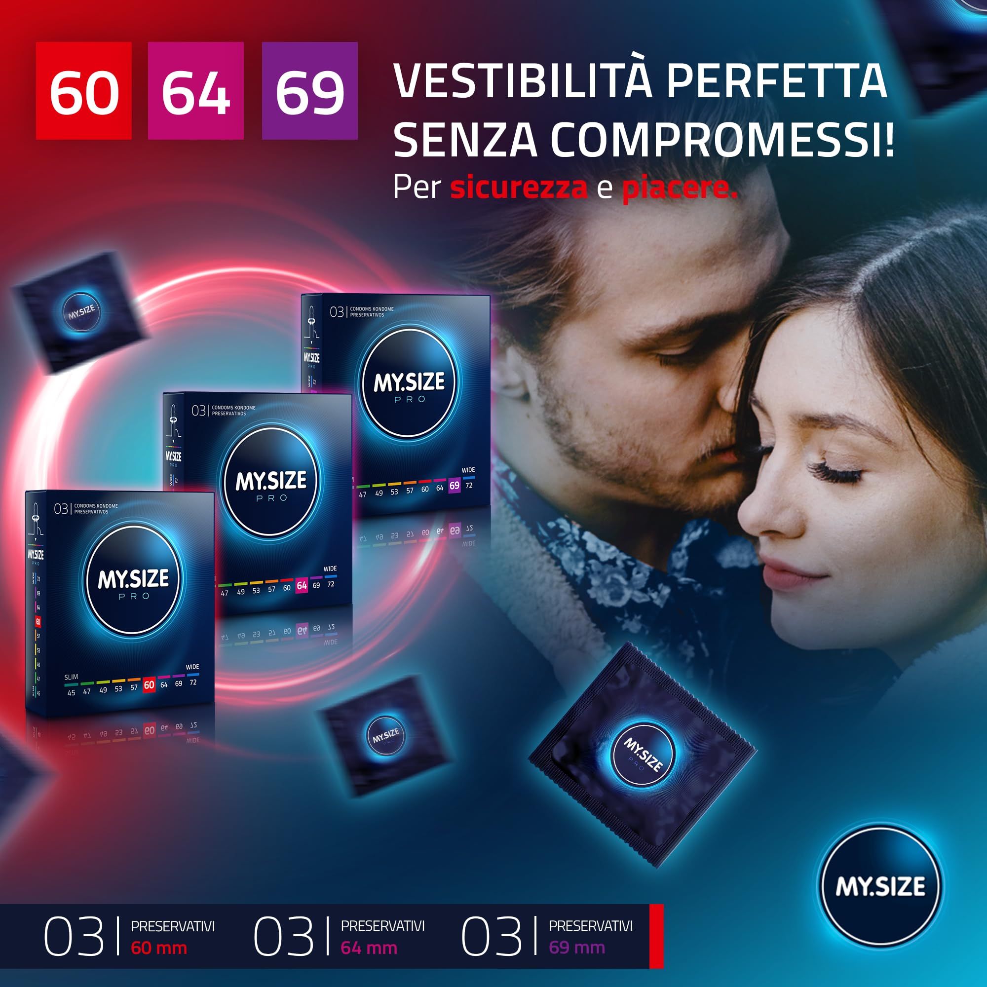 Coppia che si abbraccia, circondata da confezioni e preservativi My.Size Pro.