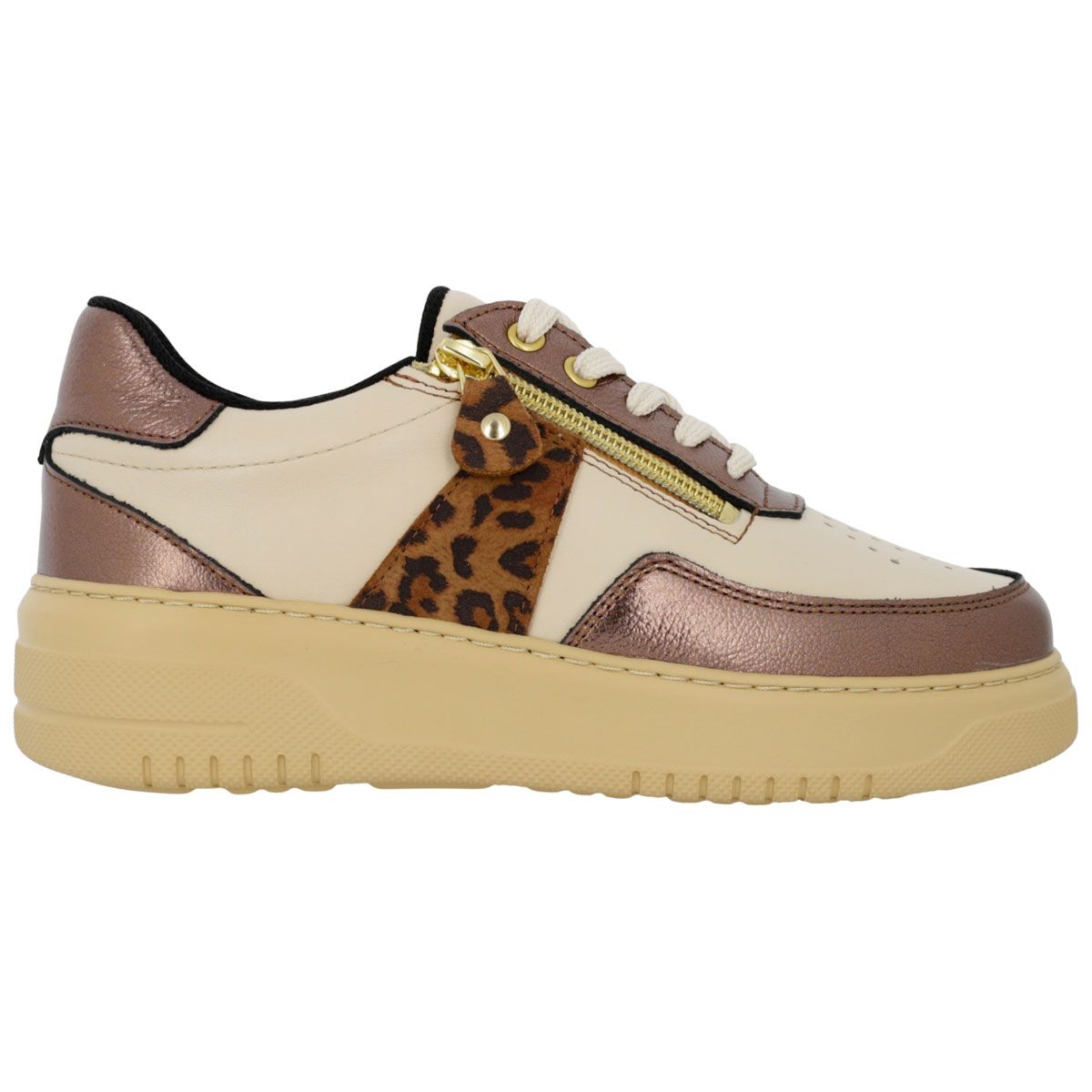 Sneakers crema con accenti leopardati, zip e dettagli color bronzo.