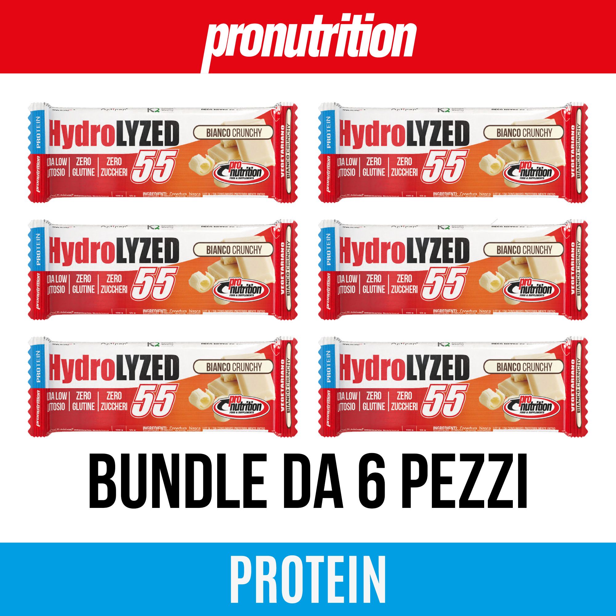 Sei barrette proteiche confezionate. Scritta: HydroLYZED, 55, Zero, Senza glutine. Marchio: Pronutrition. Testo: Bundle da 6 pezzi.