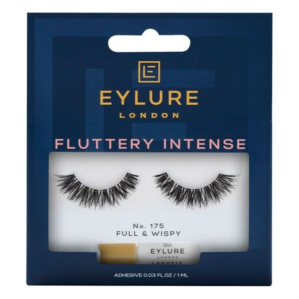 Eylure Ciglia Intense Fluttuanti 175. Ciglia nere, colla e confezione. Scritta: Fluttery Intense, No. 175 Full & Wispy.
