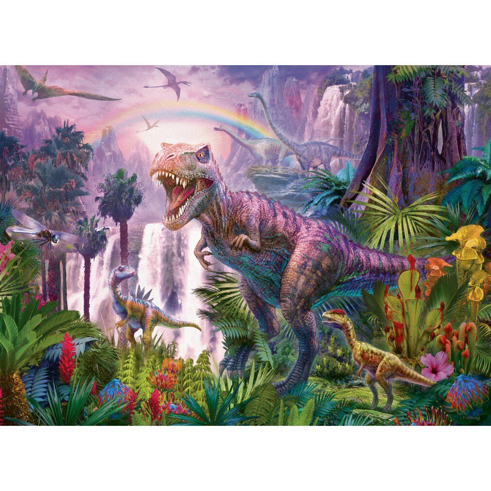 Puzzle di dinosauri. Scena con dinosauri, cascata e arcobaleno. Illustrazione colorata con piante e animali.