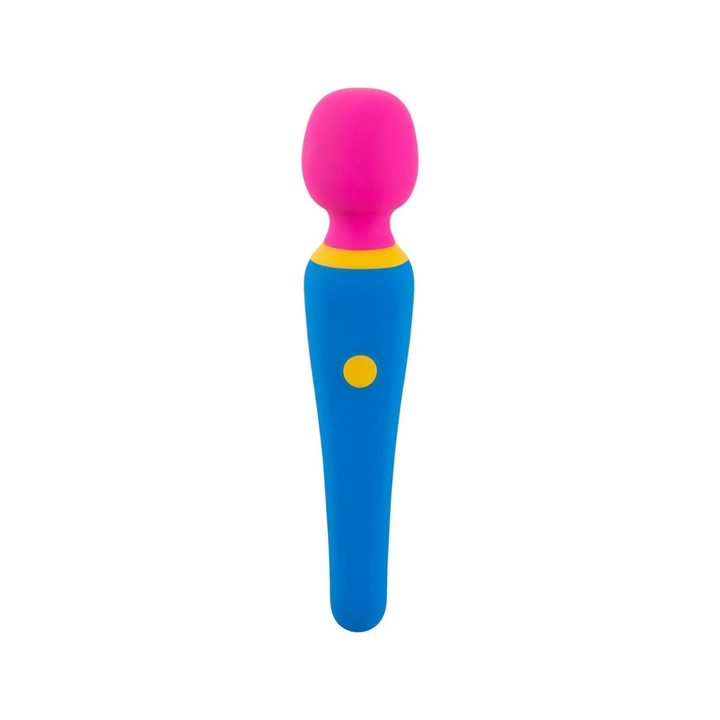 Vibratore blu, giallo e rosa. Impugnatura cilindrica, testa rotonda. Bottone giallo. In silicone.