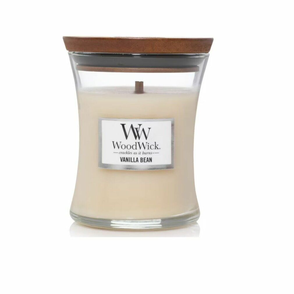 Candela a forma di clessidra con coperchio. Scritta: WoodWick, Vanilla Bean.