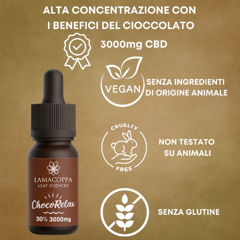 Flacone in vetro marrone con contagocce, etichetta 'ChocoRelax', '30% 3000mg CBD', 'Lamacoppa Leaf Sciences'. Vegano, cruelty-free, senza glutine.