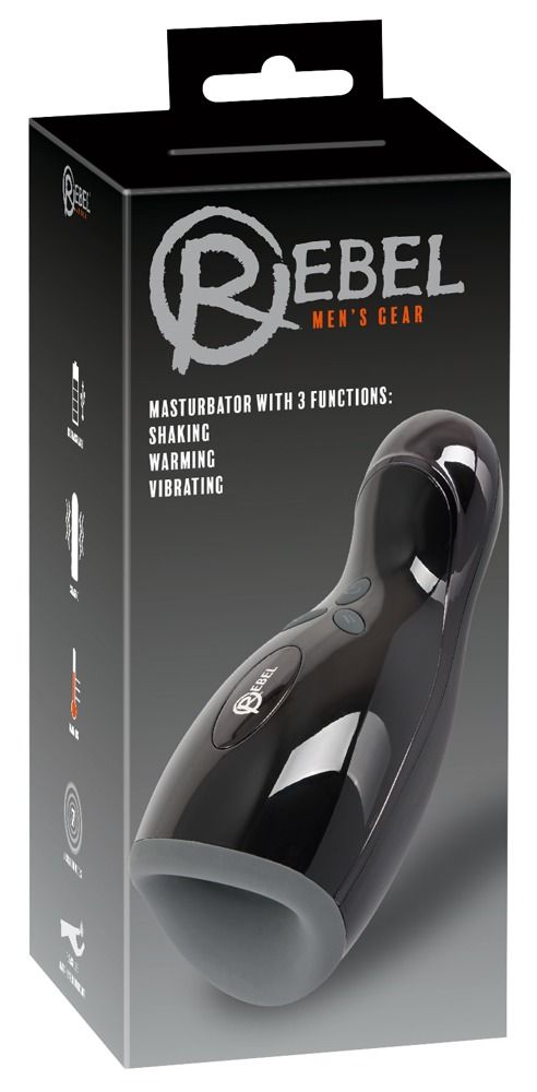 Prodotto nero in confezione. Scritta: Rebel, Men's Gear. Funzioni: Shaking, Warming, Vibrating. Apertura grigia.