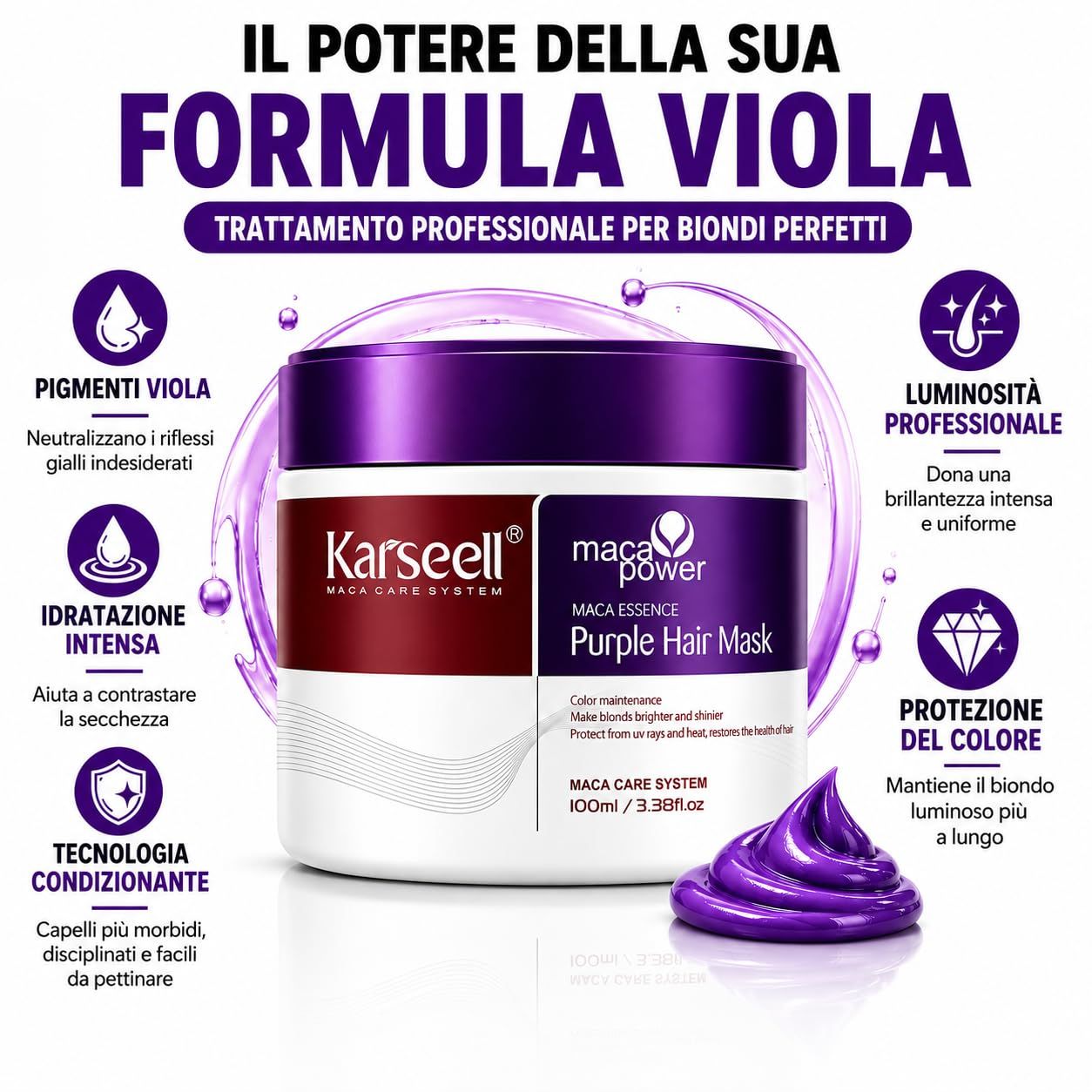 KARSEELL Maschera Capelli Viola Professionale Antigiallo Capelli Biondi Grigi Platino Decolorati