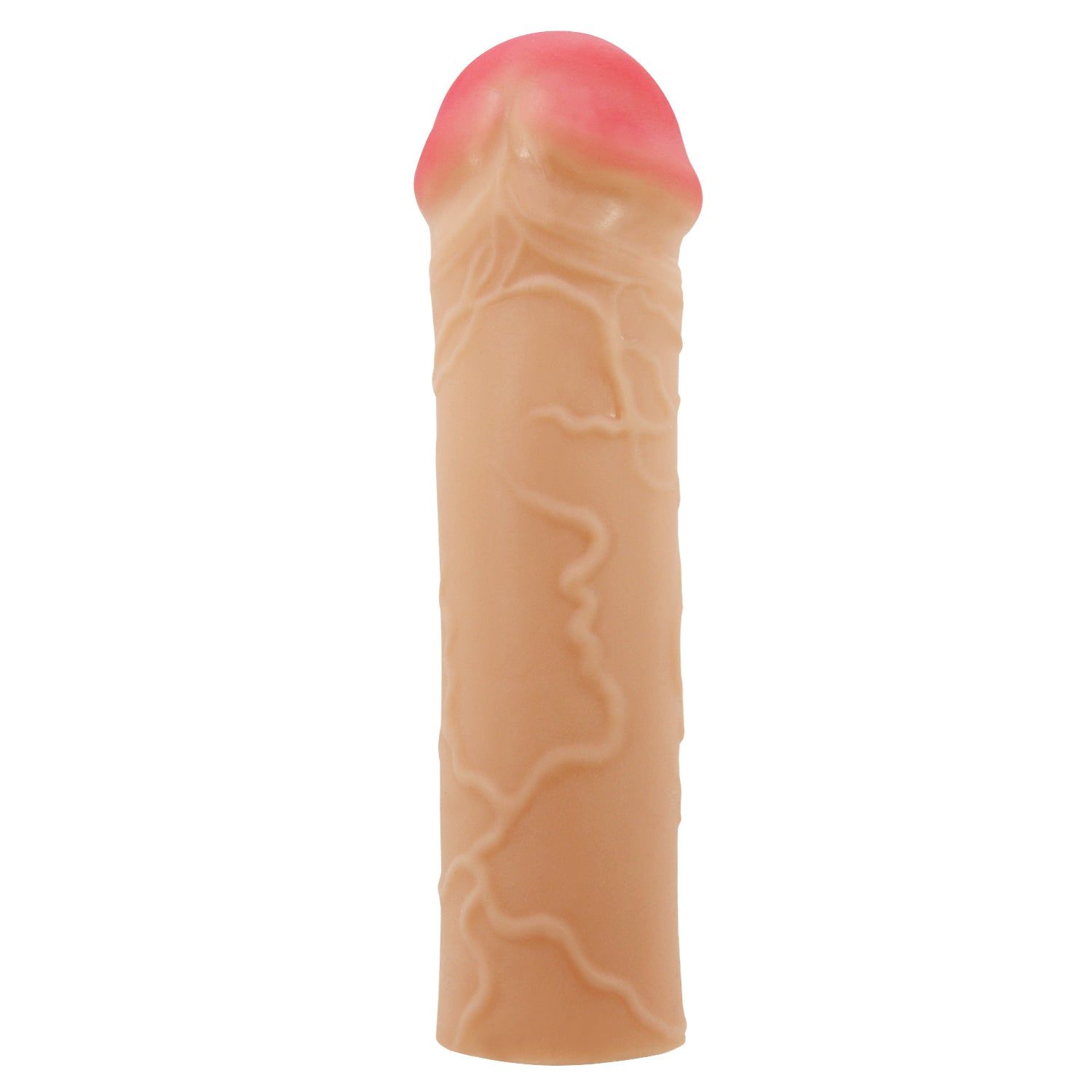 Prolunga pene con punta rossa. Superficie beige venata. Su sfondo bianco.