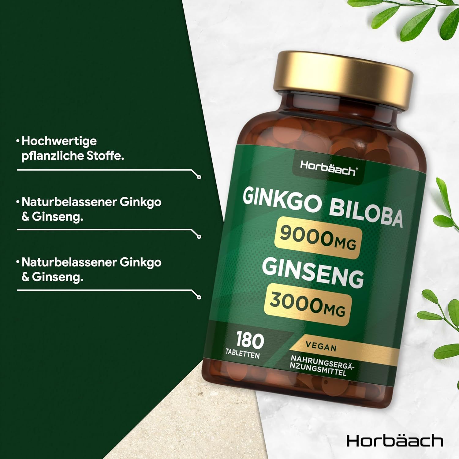 Flacone marrone con testo verde. Contiene compresse di Ginkgo Biloba e Ginseng. 180 compresse, vegano.