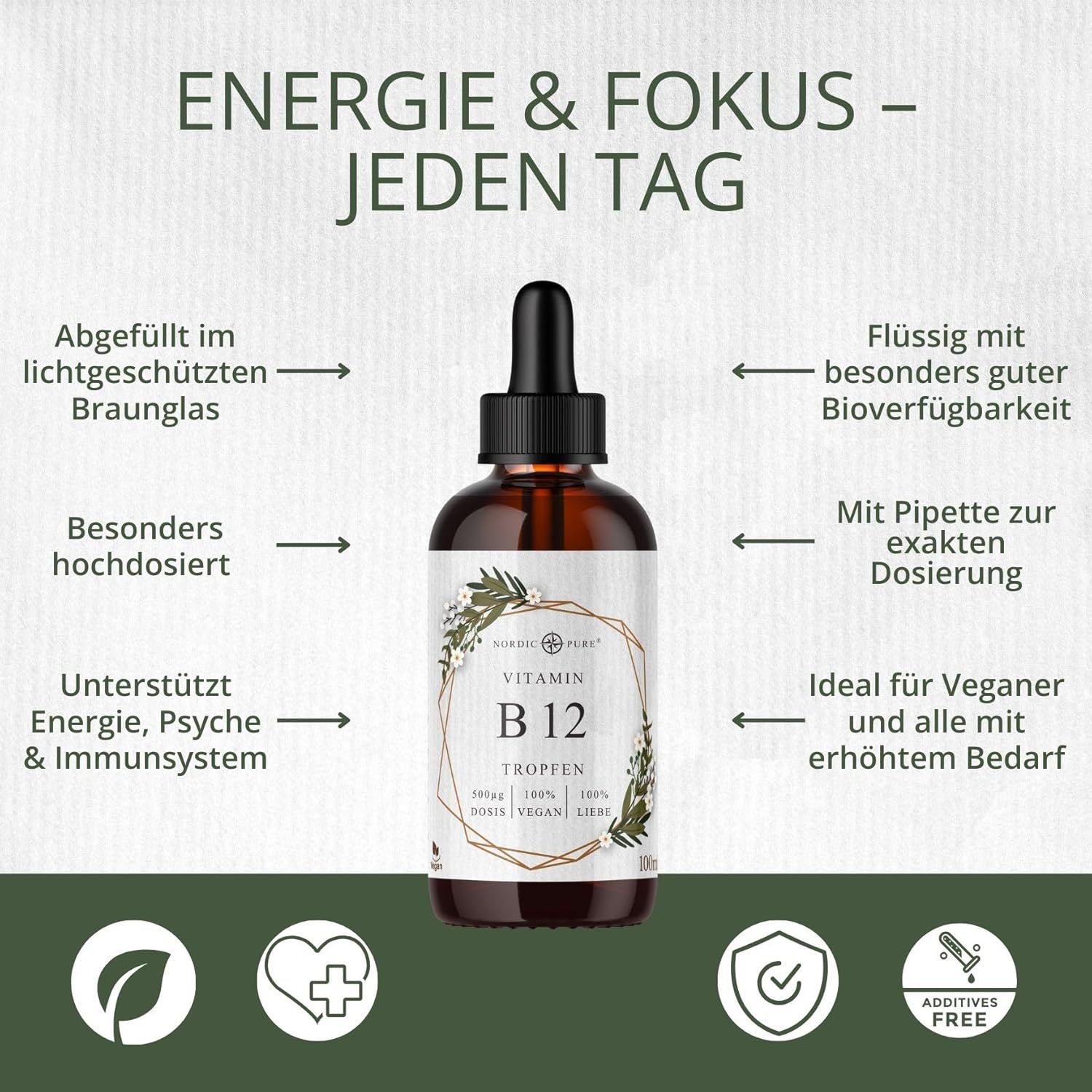 Flacone marrone con contagocce. Testo: Vitamin B12 Tropfen, Nordic Pure. Testo: Energia, psiche e sistema immunitario, ideale per vegani.