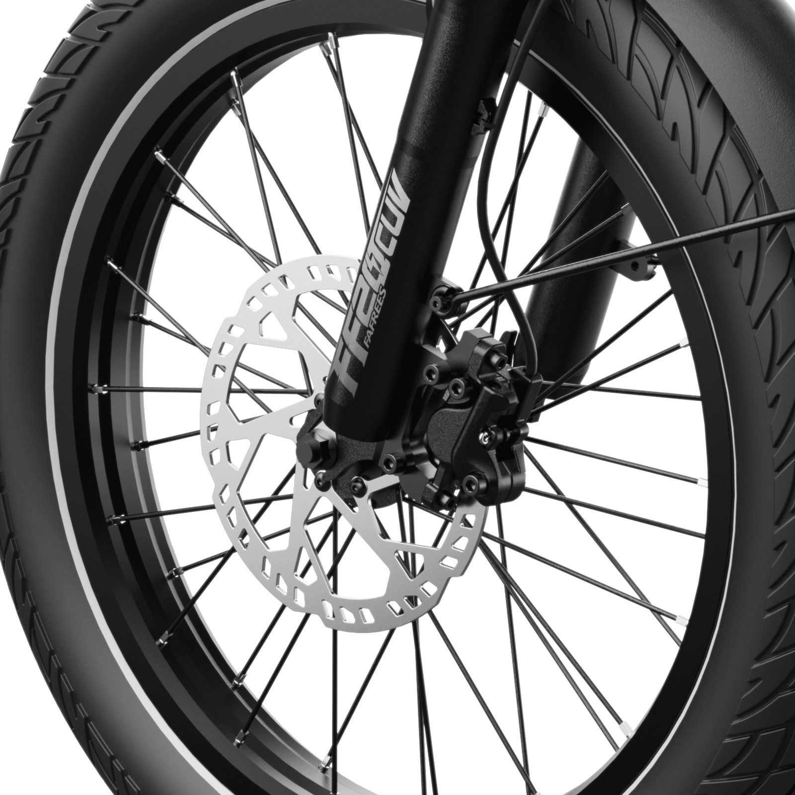Ruota anteriore di una bicicletta da carico elettrica grigia con freno a disco e forcella ammortizzata.