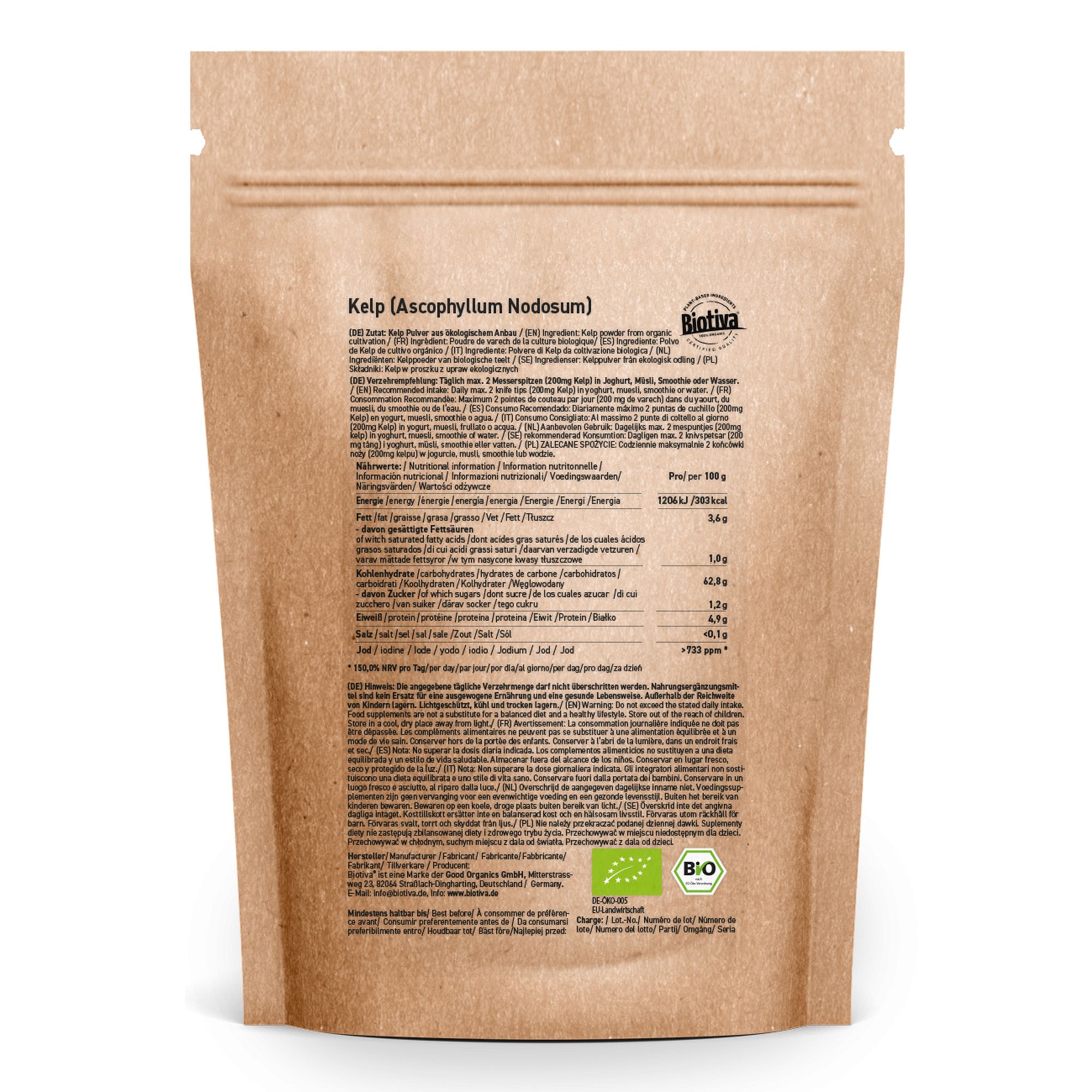 Retro della confezione di polvere di alghe. Informazioni su ingredienti, valori nutrizionali e certificazioni. Marchio Biotiva, sigillo biologico.