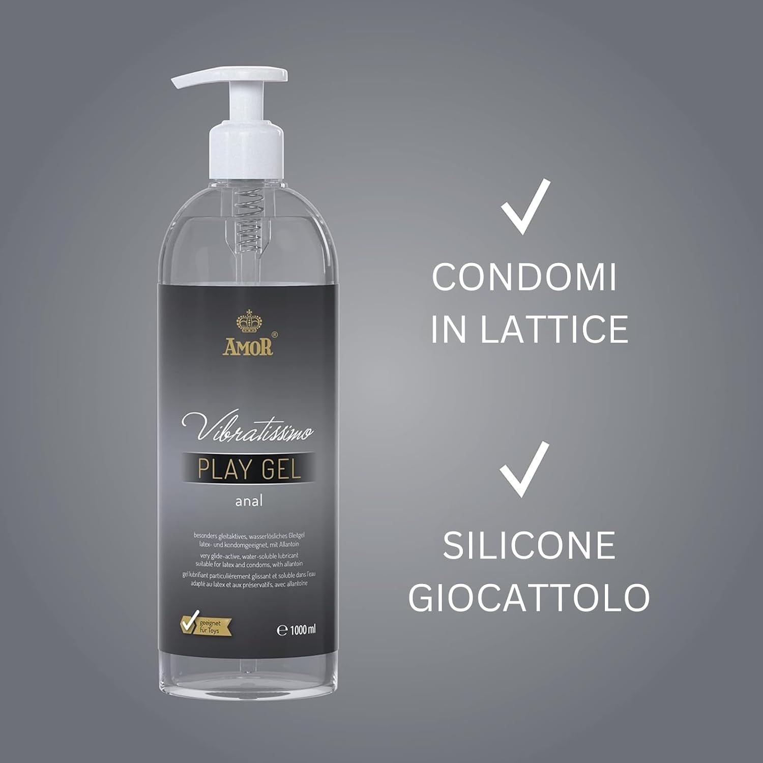 Flacone Vibratissimo Play Gel Anal con dispenser bianco, circondato da plug anali.