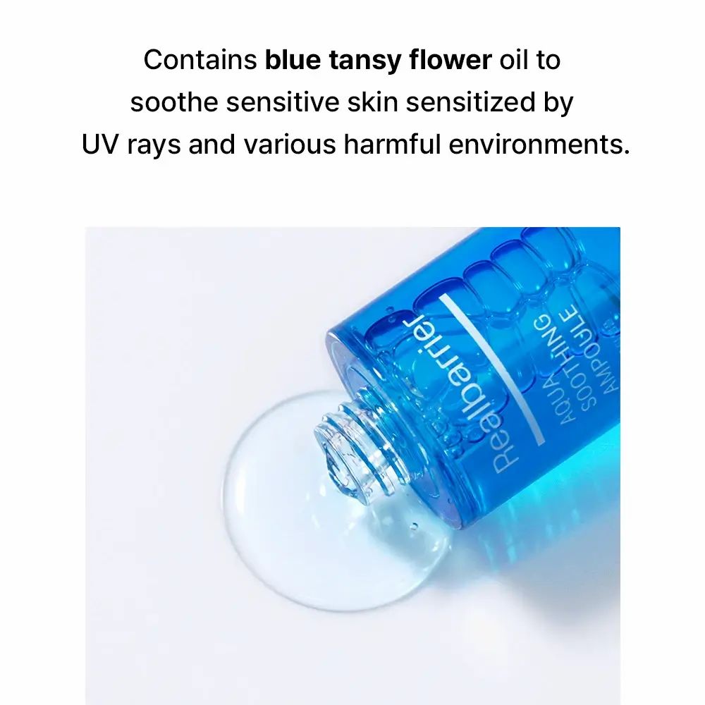 Siero blu sdraiato, siero che fuoriesce. Scritta: Realbarrier Aqua Soothing Ampoule.