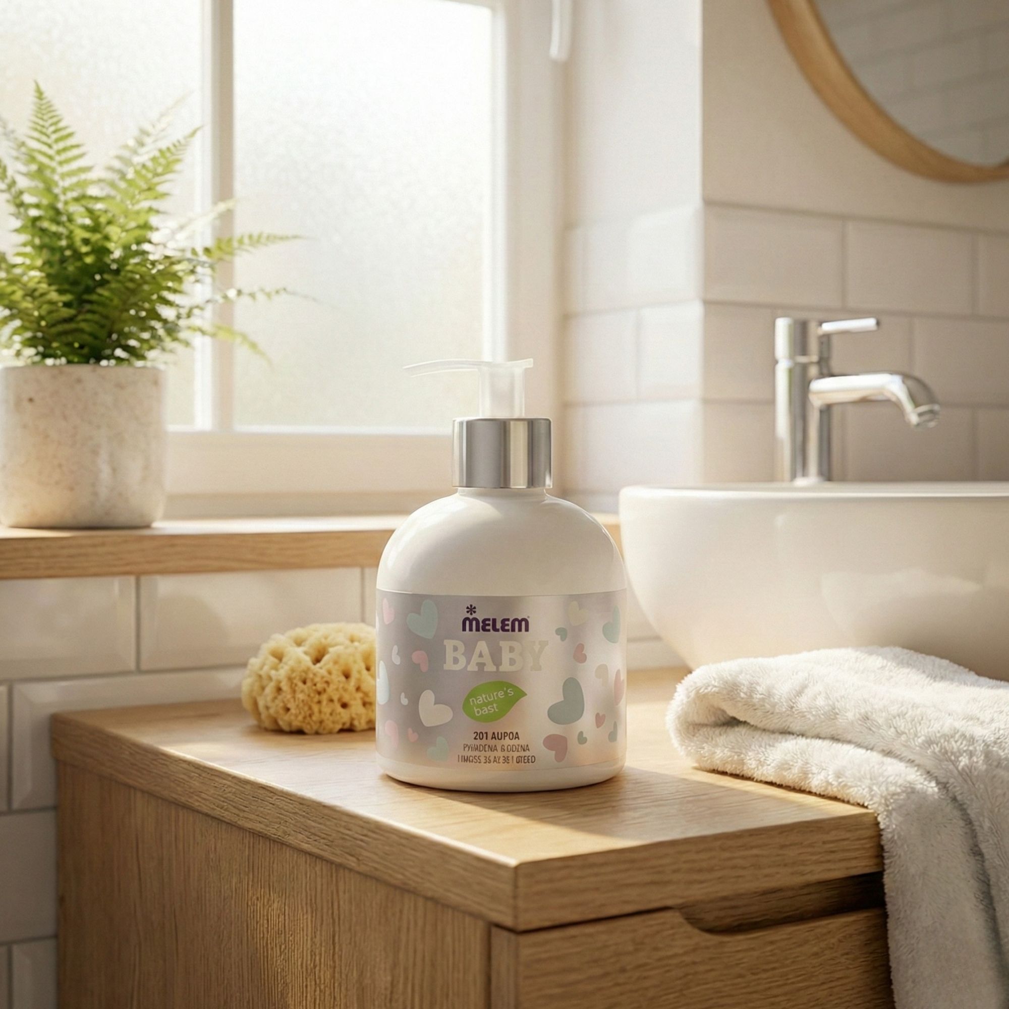 Flacone bianco con dosatore, etichetta BABY. Su un mobile in legno vicino a un lavandino e un asciugamano.