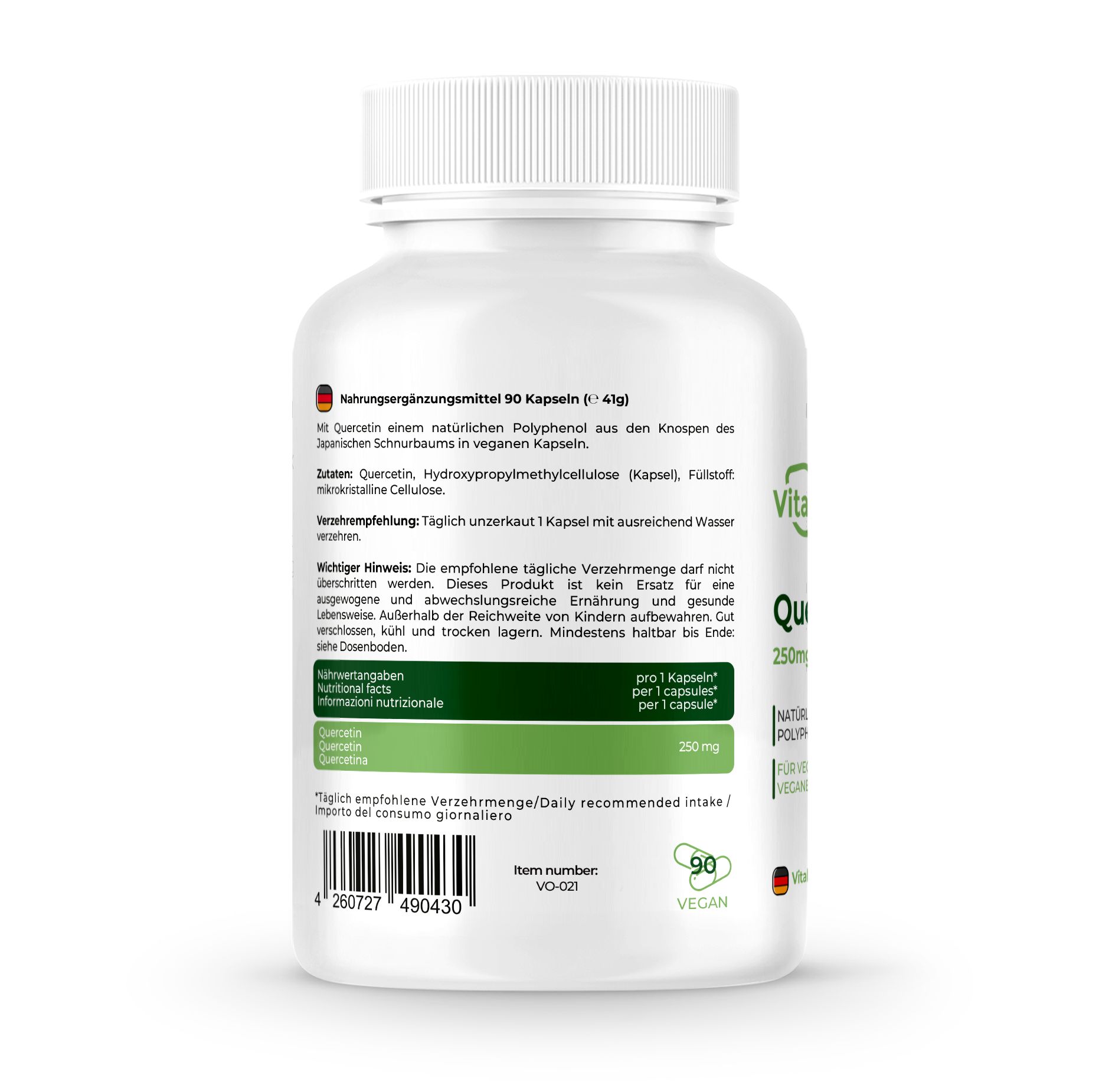 Retro del flacone. Scritta: Informazioni nutrizionali, 90 capsule, vegano. Etichetta verde e bianca. Codice a barre.