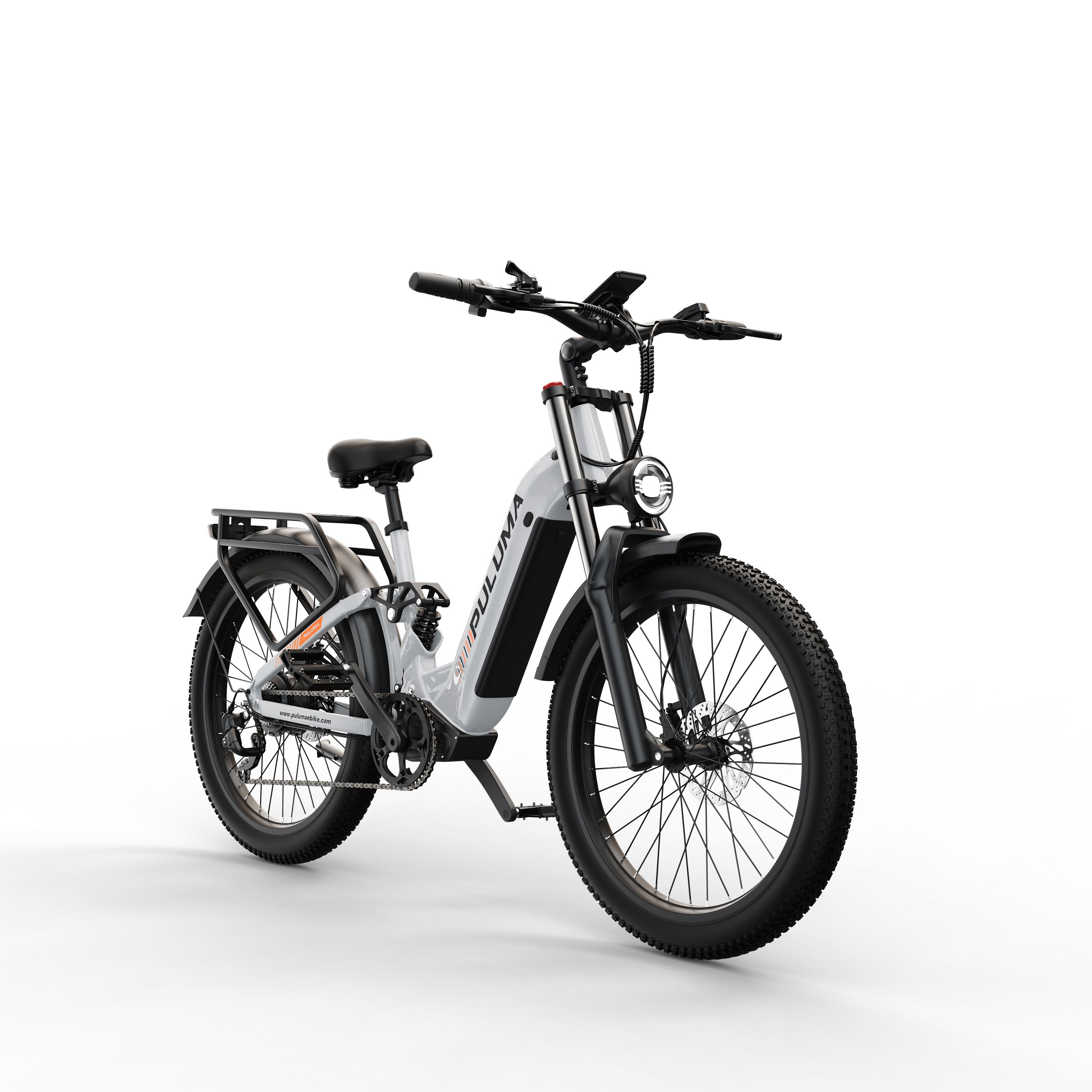 Bicicletta elettrica bianca con pneumatici neri. Scritta PULUMA.