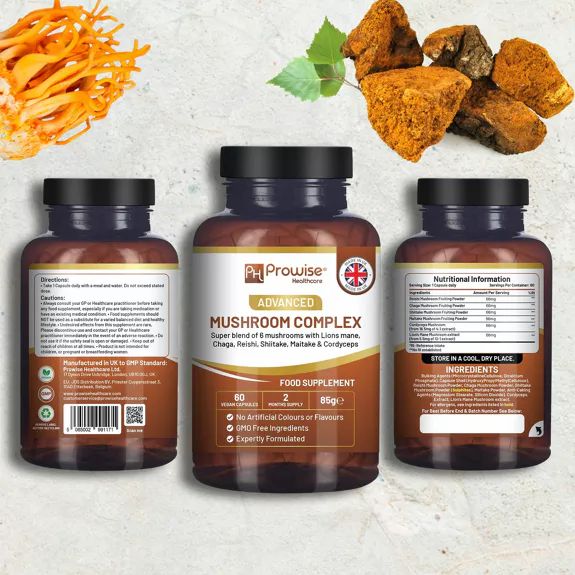 Tre flaconi Prowise Healthcare Mushroom Complex. 60 capsule, 85g. Contiene criniera di leone, Chaga, Shiitake, Maitake, Cordyceps. GMP Standard.